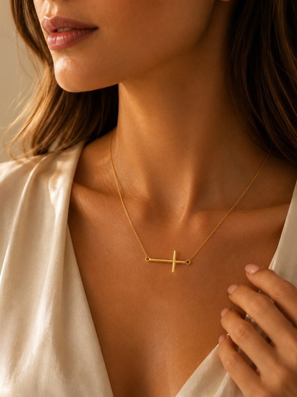 14K Yellow Gold Polished Cross Necklace 18 in Horizontal Faith Necklace